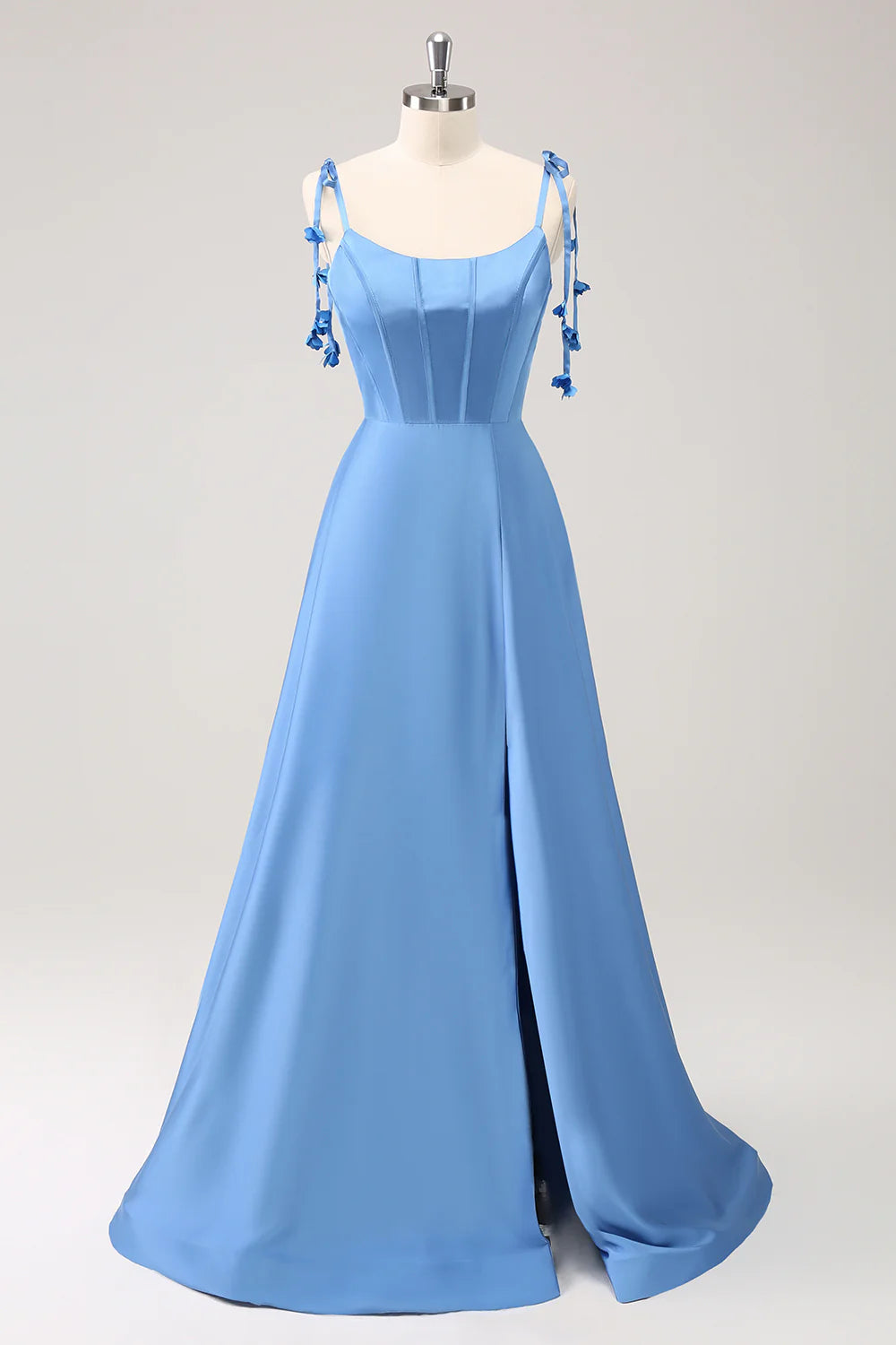 Referral Discount A Line Spaghetti Straps Satin Floor Length Prom Dress with Slit