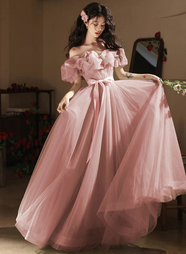Price Meltdown Pink A-Line Princess Off Shoulder Tulle Party Dress Prom Dress
