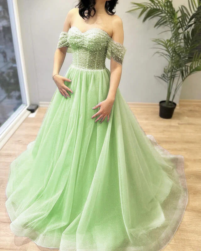 Today Only A-Line Princess Light Green Beaded Tulle Off-the-shoulder Dress Prom Dresses Today Only A-Line Princess Light Green Beaded Tulle Off-the-shoulder Dress Prom Dresses