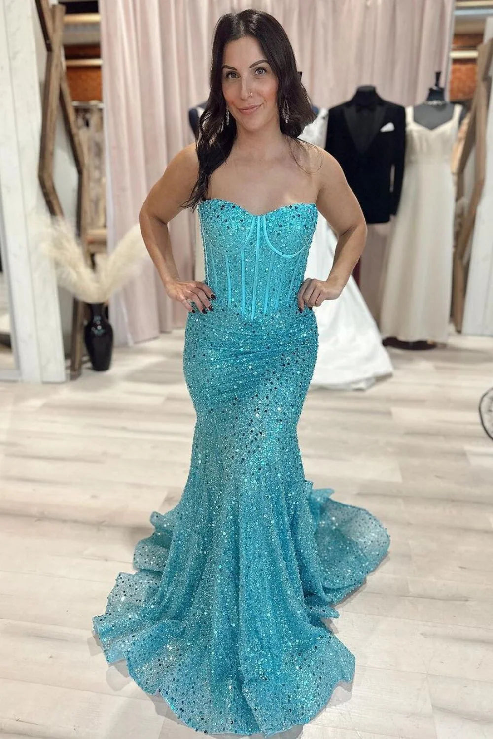 Fantastic Offers Sparkly Mermaid Sweetheart Blue Corset Prom Dress Sweep/Brush Train Dresses With Beading