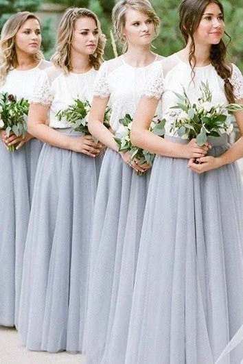 Super Bargain Lace Tulle Floor-length A Line Short Sleeve Modest Bridesmaid Dress with Pleats