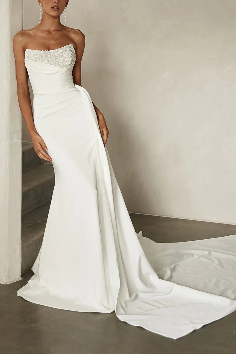 Lowest Price Unique strapless pearl satin pleated bohemian wedding dress