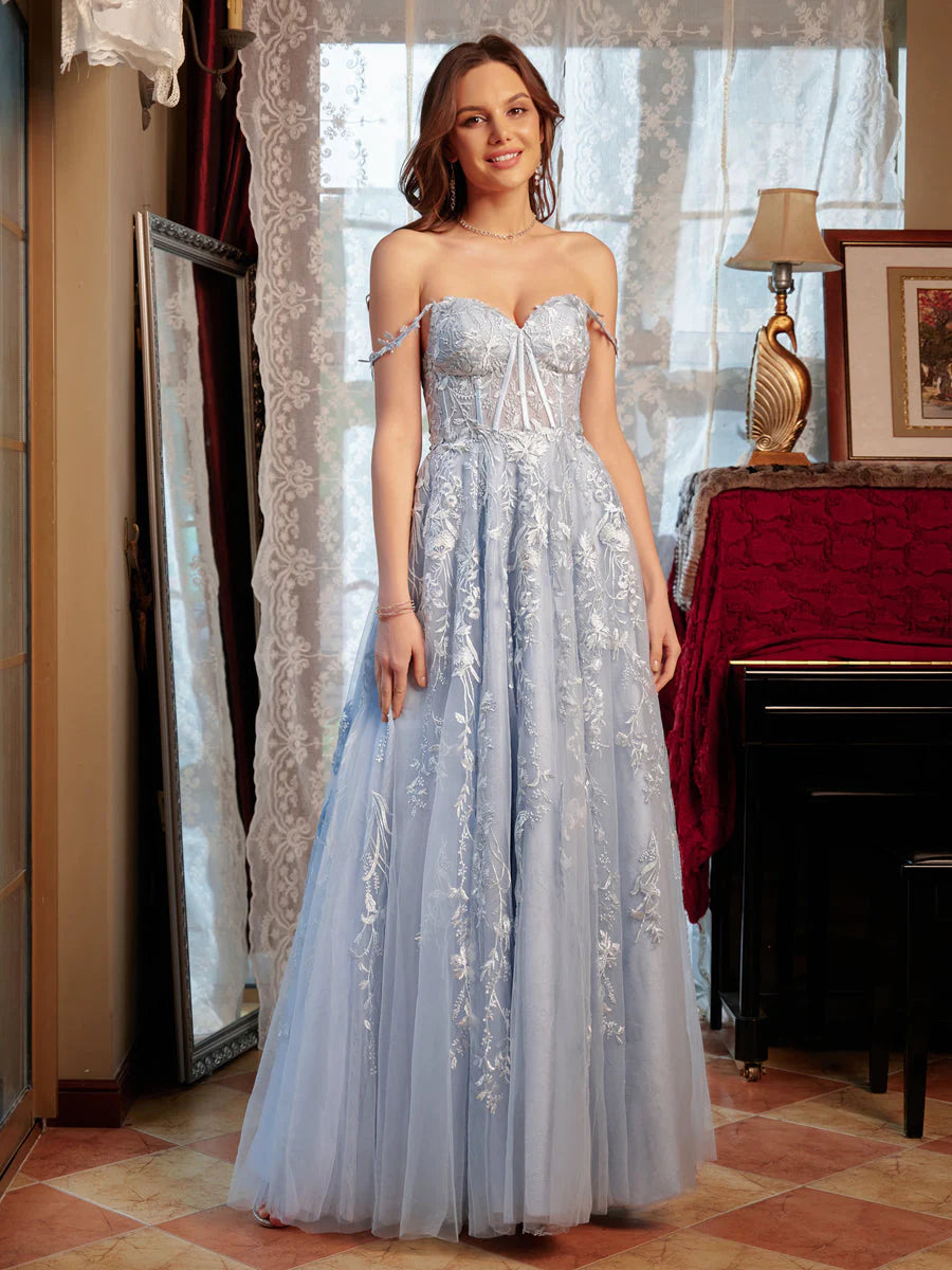 Referral Discount A-Line/Princess Sweetheart Applique Tulle Long Prom Dresses