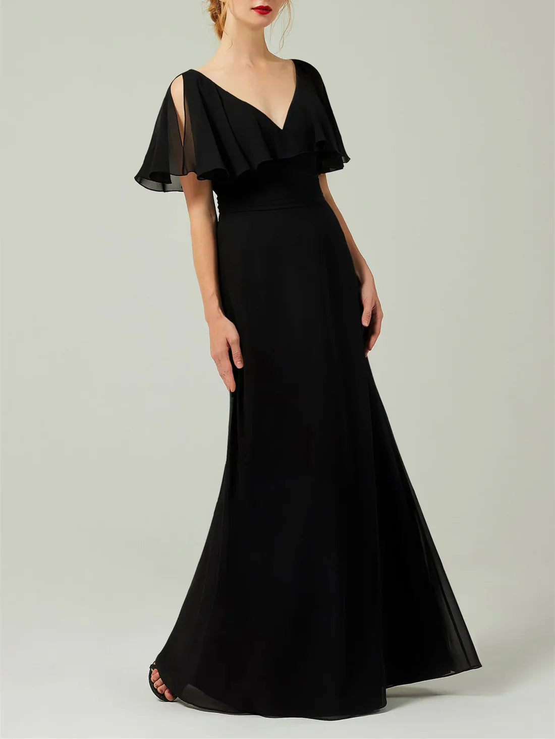 Super Sale Sheath/Column Short Sleeves V-Neck Chiffon Floor-Length Wedding Guest Dresses