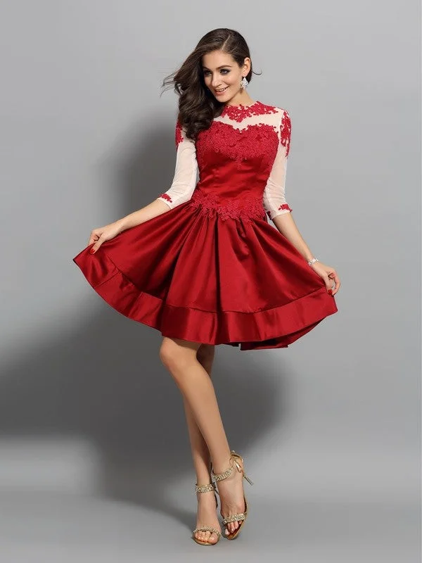 Final Clearance A-Line/Princess High Neck Applique 1/2 Sleeves Short Satin Cocktail Dresses Final Clearance A-Line/Princess High Neck Applique 1/2 Sleeves Short Satin Cocktail Dresses