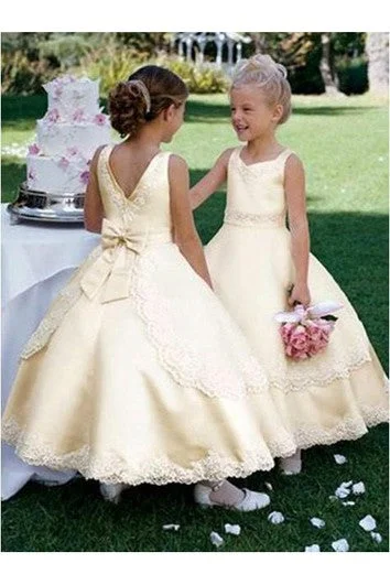 Last Chance Ball Gown Scoop Sleeveless Bowknot Ankle-length Satin Flower Girl Dresses