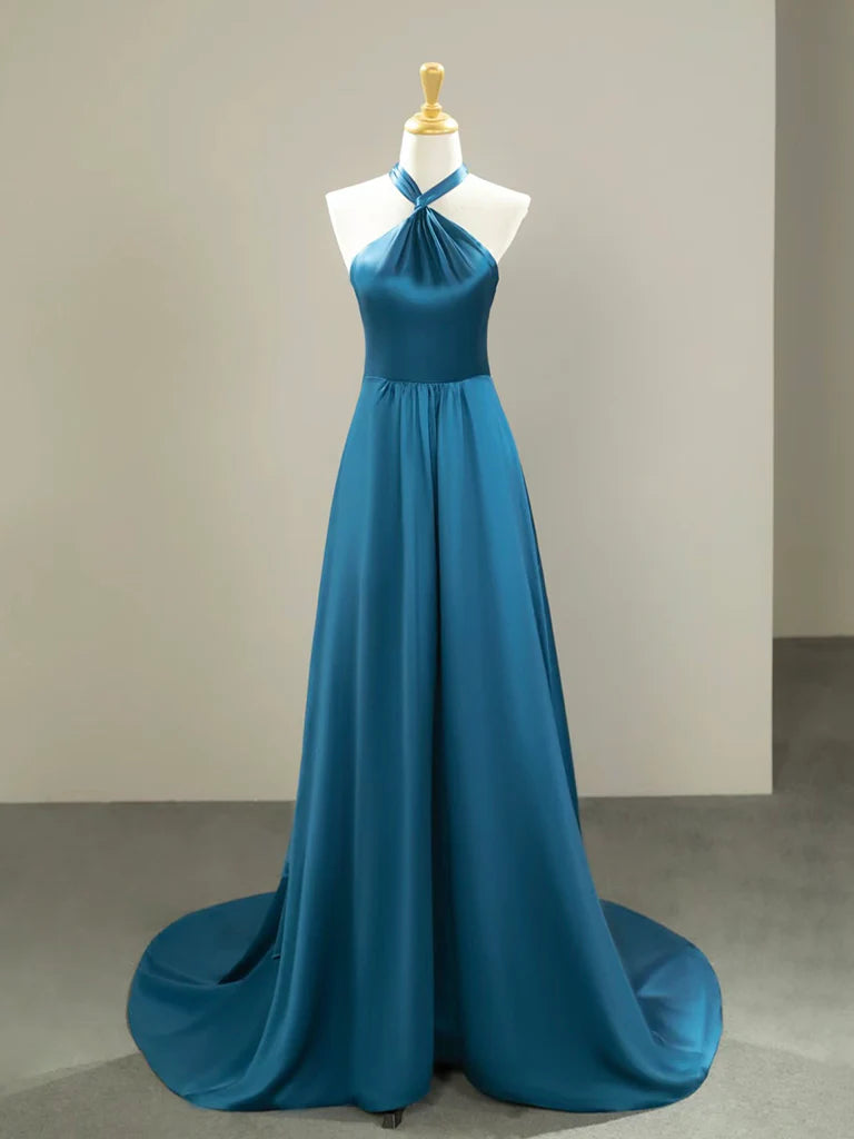 Price Buster Simple Satin Blue Halterneck Formal Long Prom Dress with Sweep Train