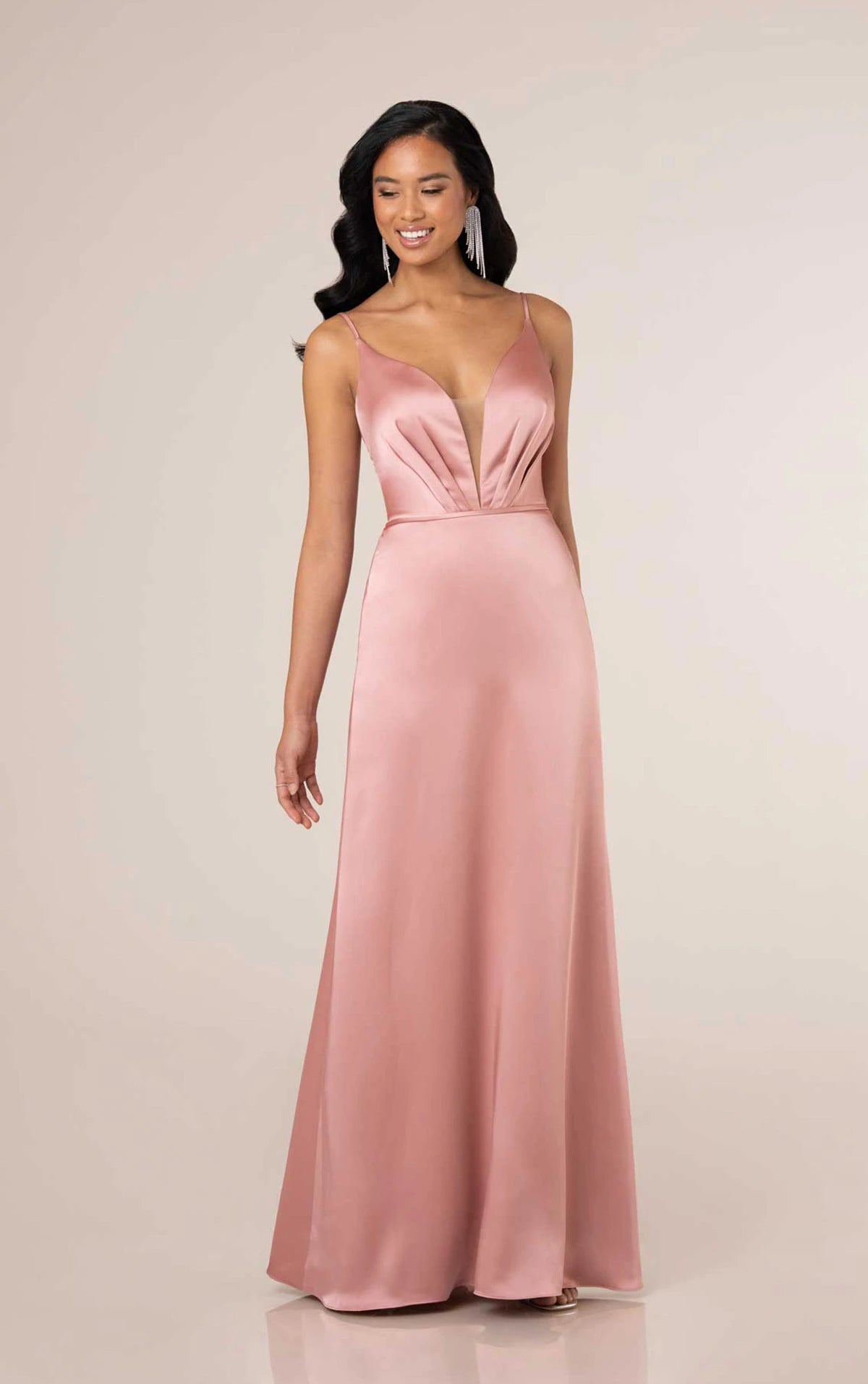 Act Now Soft A-line Bridesmaid Gown with Plunging V-Neckline and Spaghetti Straps