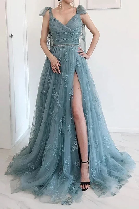 Stock Up and Save A-line Bow Tie Straps Party Dress Lace High Split Prom Dress