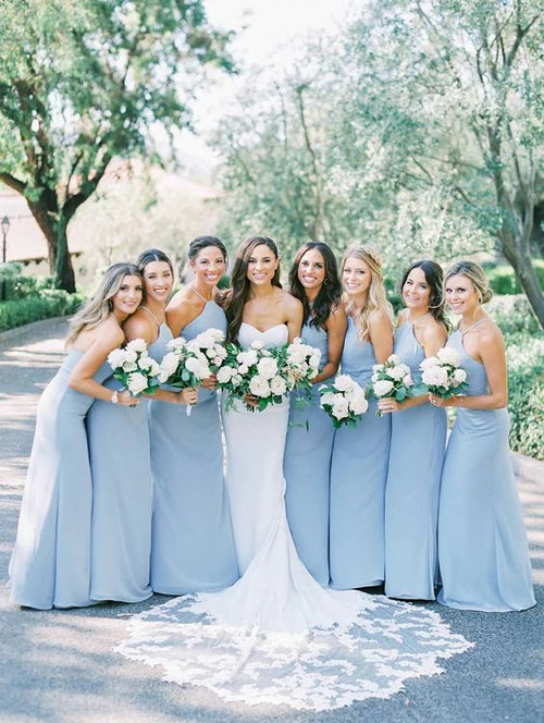 New Markdowns Charming A-Line Halter Sky Blue Chiffon Long Bridesmaid Dresses