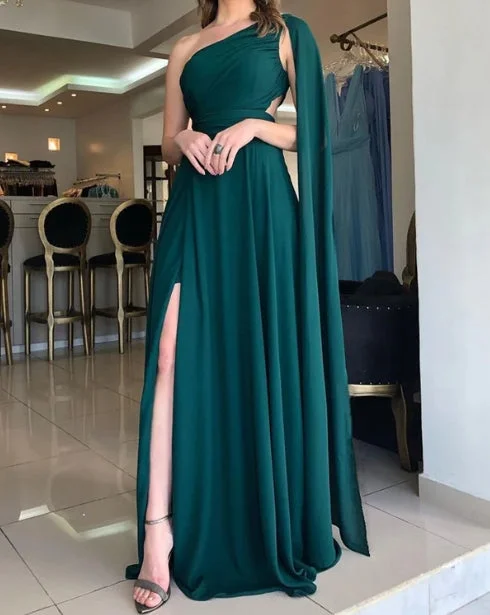 Weekend Deal Emerald Green Chiffon Bridesmaid Dresses Wedding Guest Party Dresses One Shoulder With Slit Weekend Deal Emerald Green Chiffon Bridesmaid Dresses Wedding Guest Party Dresses One Shoulder With Slit