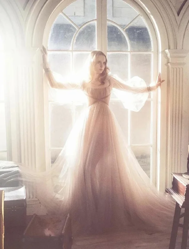 Clearance Event A-Line Elegant Boho Engagement Formal Evening Birthday Dress Scoop Neck Long Sleeve Sweep / Brush Train Tulle with Pleats Ruched Clearance Event A-Line Elegant Boho Engagement Formal Evening Birthday Dress Scoop Neck Long Sleeve Sweep / Brush Train Tulle with Pleats Ruched