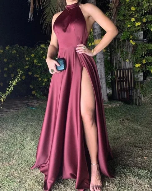 Best Seller Halter Split Open Back Satin Bridesmaid Dresses High Slit A-Line Wedding Guest Party Dresses Best Seller Halter Split Open Back Satin Bridesmaid Dresses High Slit A-Line Wedding Guest Party Dresses