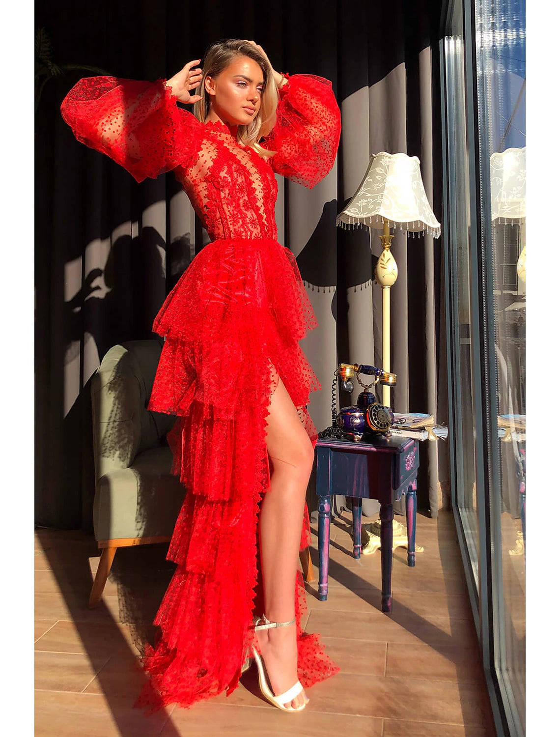 Exclusive Savings Sheath / Column Empire Sexy High Split Party Wear Prom Valentine's Day Dress High Neck Long Sleeve Floor Length Lace with Slit Tier Exclusive Savings Sheath / Column Empire Sexy High Split Party Wear Prom Valentine's Day Dress High Neck Long Sleeve Floor Length Lace with Slit Tier