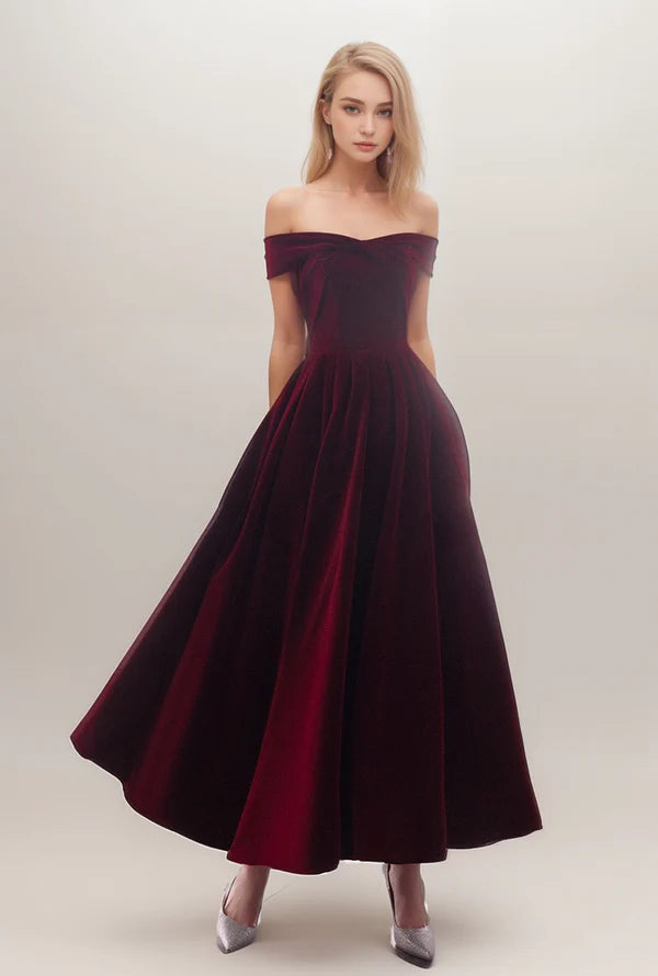 Steals and Deals Off-the-shoulder ankle length Ball gown Velvet Dress