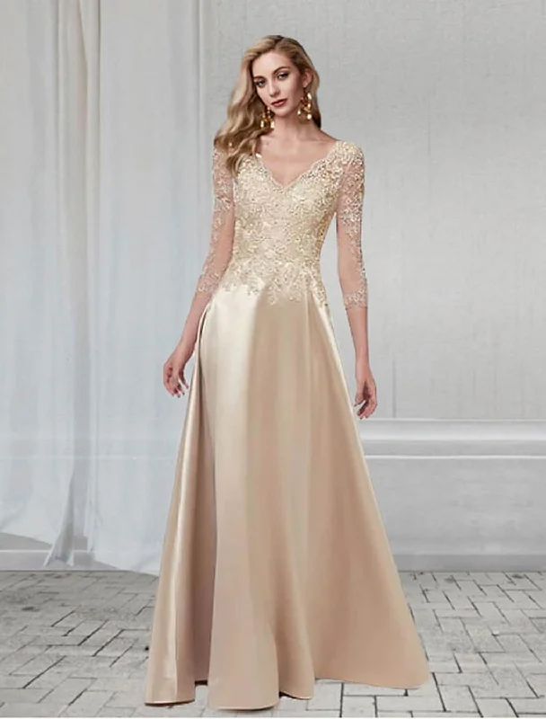 Warehouse Sale A-Line Elegant Wedding Formal Evening Dress V Neck Length Sleeve Floor Length Chiffon with Appliques