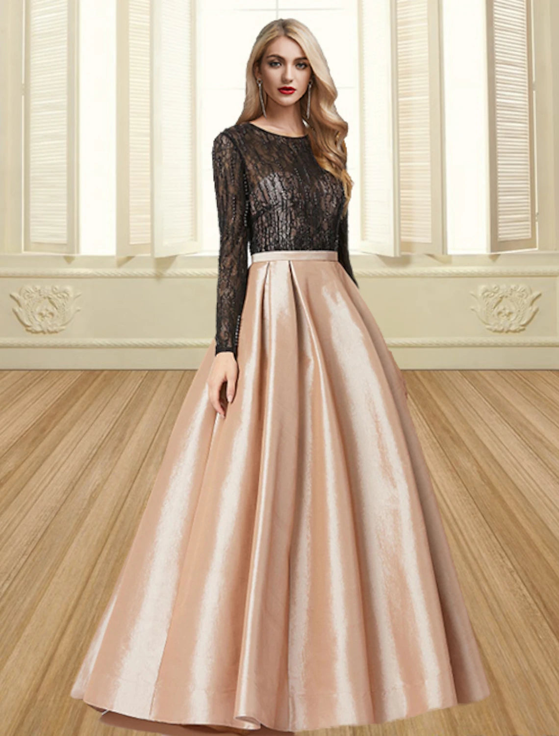 YEAR-End Sale Ball Gown Evening Gown Color Block Dress Engagement Formal Evening Floor Length Long Sleeve Jewel Neck Satin with Pleats YEAR-End Sale Ball Gown Evening Gown Color Block Dress Engagement Formal Evening Floor Length Long Sleeve Jewel Neck Satin with Pleats