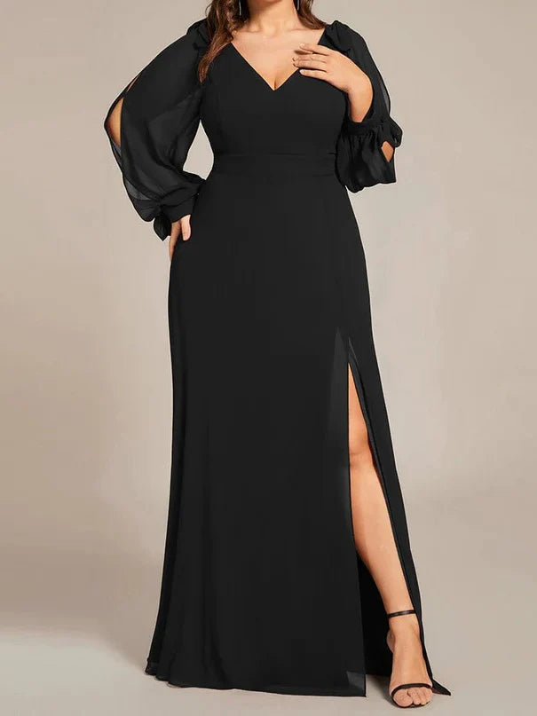 One-DAY Sale Black A Line/Princess Long Sleeves Chiffon Floor-Length V Neck Bridesmaid Dresses