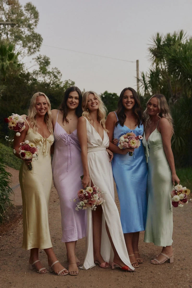Crazy Deals Sheath Silk Satin V Neck Ankle Length Bridesmaid Dresses with Straps