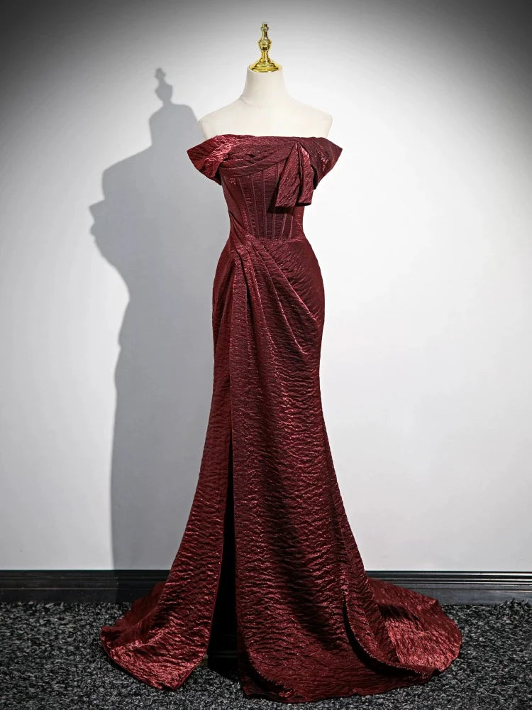 Today Only Mermaid Off Shoulder Satin Burgundy Long Corset Prom Dress Formal Dress With Sweep Train