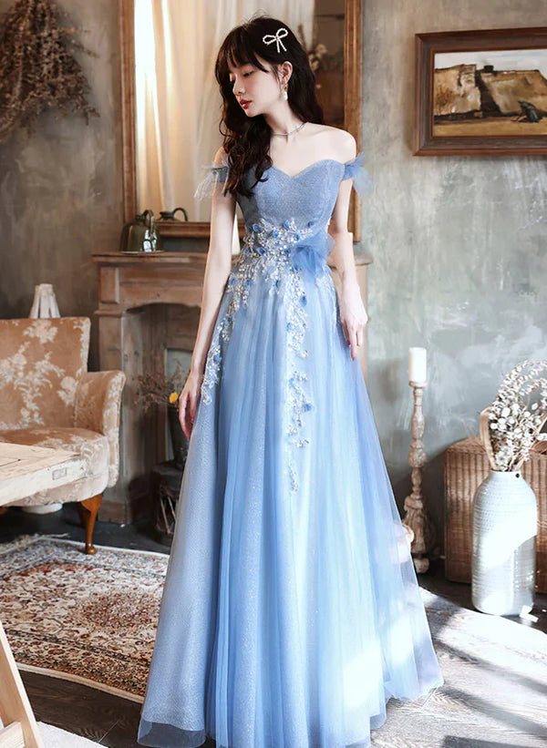 Act Now A-line Blue Off Shoulder with Lace Long Evening Dress Long Prom Dress