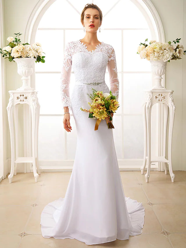Deal Mania Engagement Open Back Formal Wedding Dresses Court Train Mermaid Trumpet Long Sleeve V Neck Chiffon With Sash Ribbon Appliques Deal Mania Engagement Open Back Formal Wedding Dresses Court Train Mermaid Trumpet Long Sleeve V Neck Chiffon With Sash Ribbon Appliques