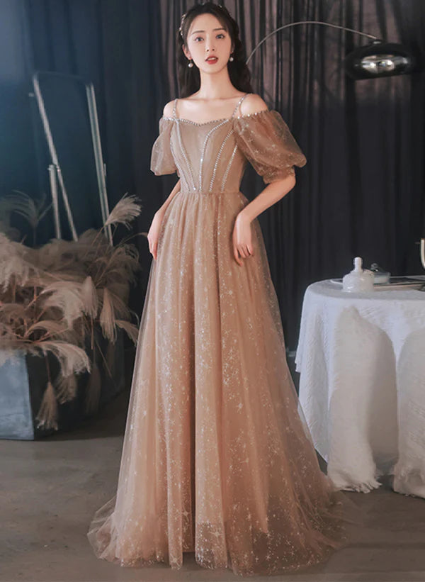 Epic Deals A-line Champagne Tulle Off Shoulder Long Party Dress Formal Dress Prom Dress