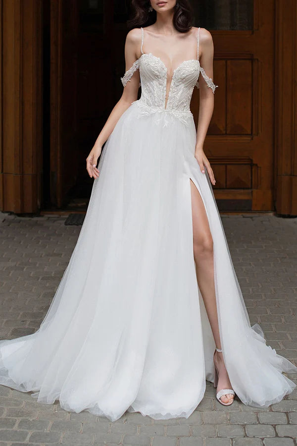 Act Now Sexy deep V-neck beaded side slit A-line pastoral wedding dress