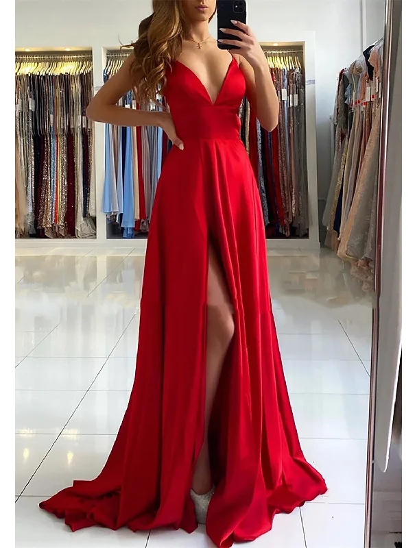 Deal Frenzy A-Line Prom Dresses Empire Dress Formal Prom Sweep / Brush Train Sleeveless V Neck Imitation Silk Backless with Pleats Slit