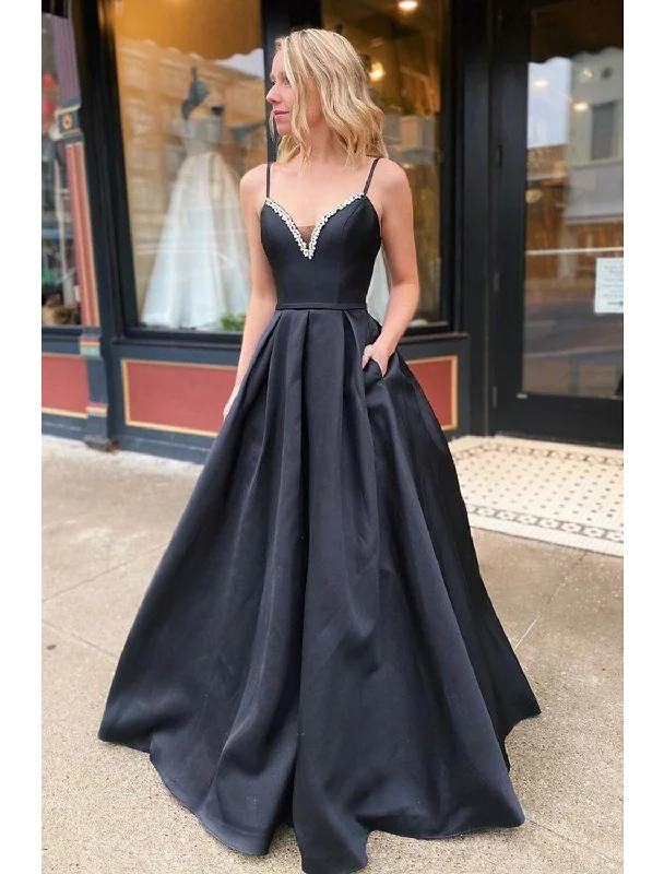 Bargain Bin A-Line Prom Dresses Open Back Dress Formal Wedding Guest Floor Length Sleeveless V Neck Pocket Stretch Satin Backless with Pleats Beading Pocket