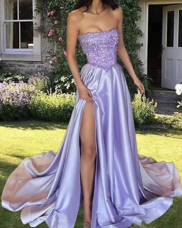 Massive Deals Lilac Sequin Strapless Split Satin Gown Prom Dresses With Slit