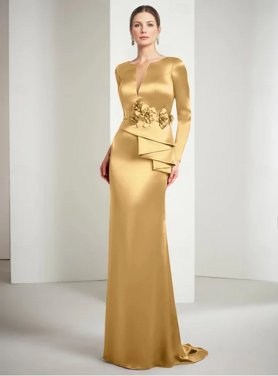 Seasonal Clearance Sheath / Column Evening Gown Christmas Floor Length Long Sleeve Jewel Neck Satin with Appliques Seasonal Clearance Sheath / Column Evening Gown Christmas Floor Length Long Sleeve Jewel Neck Satin with Appliques