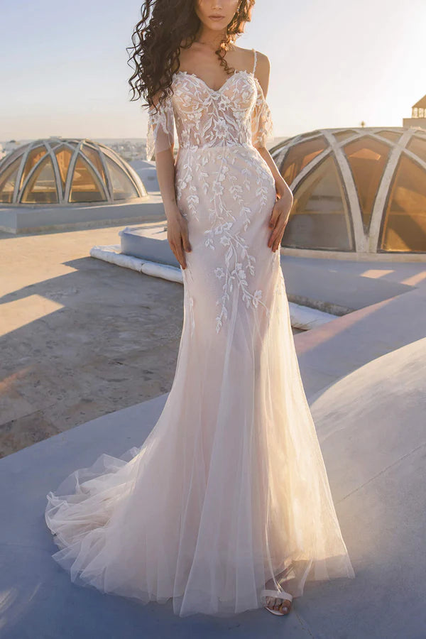 Doorbuster Deal Thin shoulder strap lace decal detachable skirt hem fishtail wedding dress