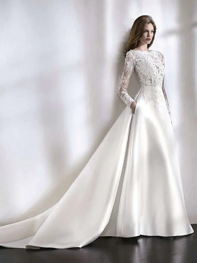 Mega Sale Beach Formal Wedding Dresses A-Line Long Sleeve Jewel Neck Satin With Lace Pleats Mega Sale Beach Formal Wedding Dresses A-Line Long Sleeve Jewel Neck Satin With Lace Pleats