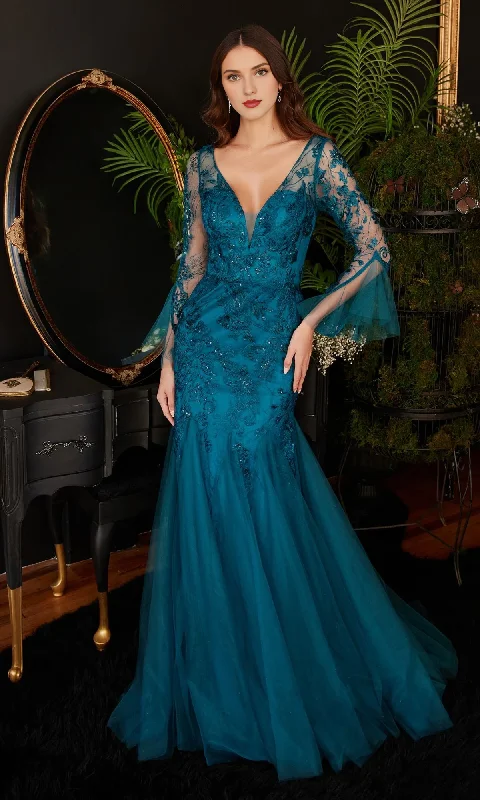 Unmissable Offer Peacock blue deep V-neck lace decal transparent trumpet sleeves fish tail prom dress