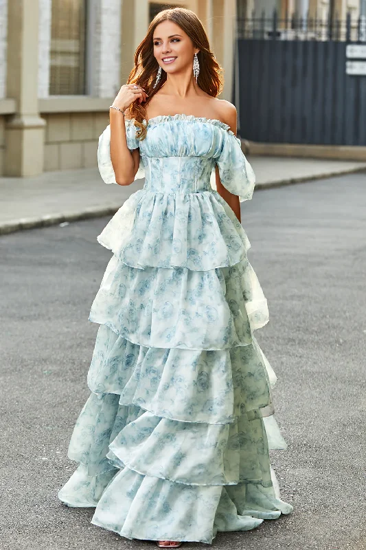 Crazy Deals A Line Square Neck Light Blue Tiered Floral Long Prom Dress with Ruffles Crazy Deals A Line Square Neck Light Blue Tiered Floral Long Prom Dress with Ruffles