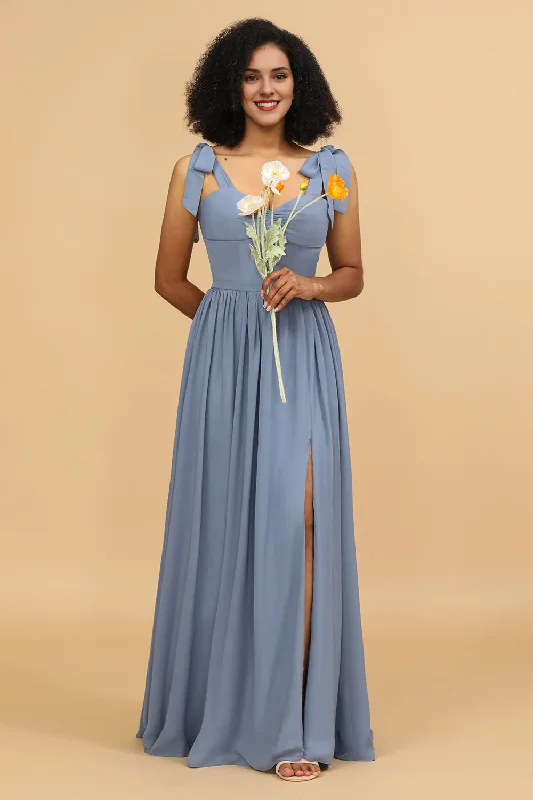 Amazing Deals Grey blue A-line floor mopping chiffon slit bridesmaid dress
