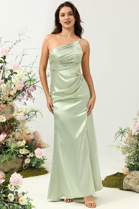 Savings Bonanza Sage A Line One Shoulder Bright Satin Split Bridesmaid Dress