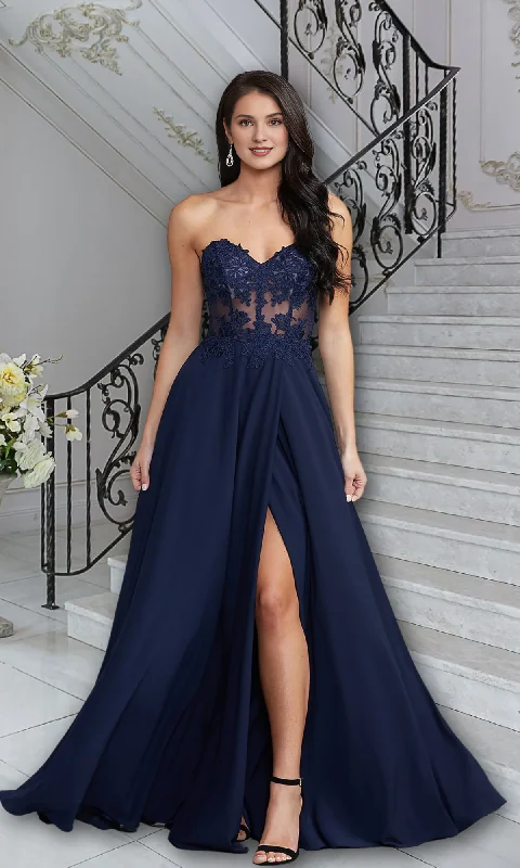 Mega Sale A-line floral embroidery strapless side slit and floor length Prom dress