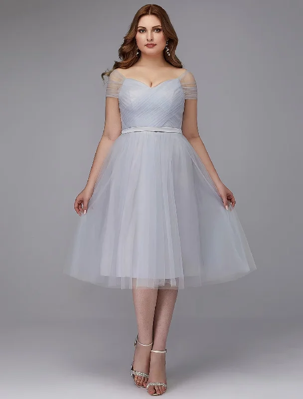 Crazy Deals A-Line Elegant Dress Wedding Guest Tea Length Short Sleeve Off Shoulder Tulle with Sash / Ribbon Criss Cross Crazy Deals A-Line Elegant Dress Wedding Guest Tea Length Short Sleeve Off Shoulder Tulle with Sash / Ribbon Criss Cross