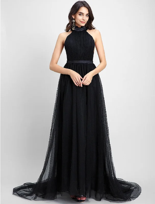 Price Cut A-Line Celebrity Style Dress Formal Evening Chapel Train Sleeveless Halter Neck Tulle with Draping