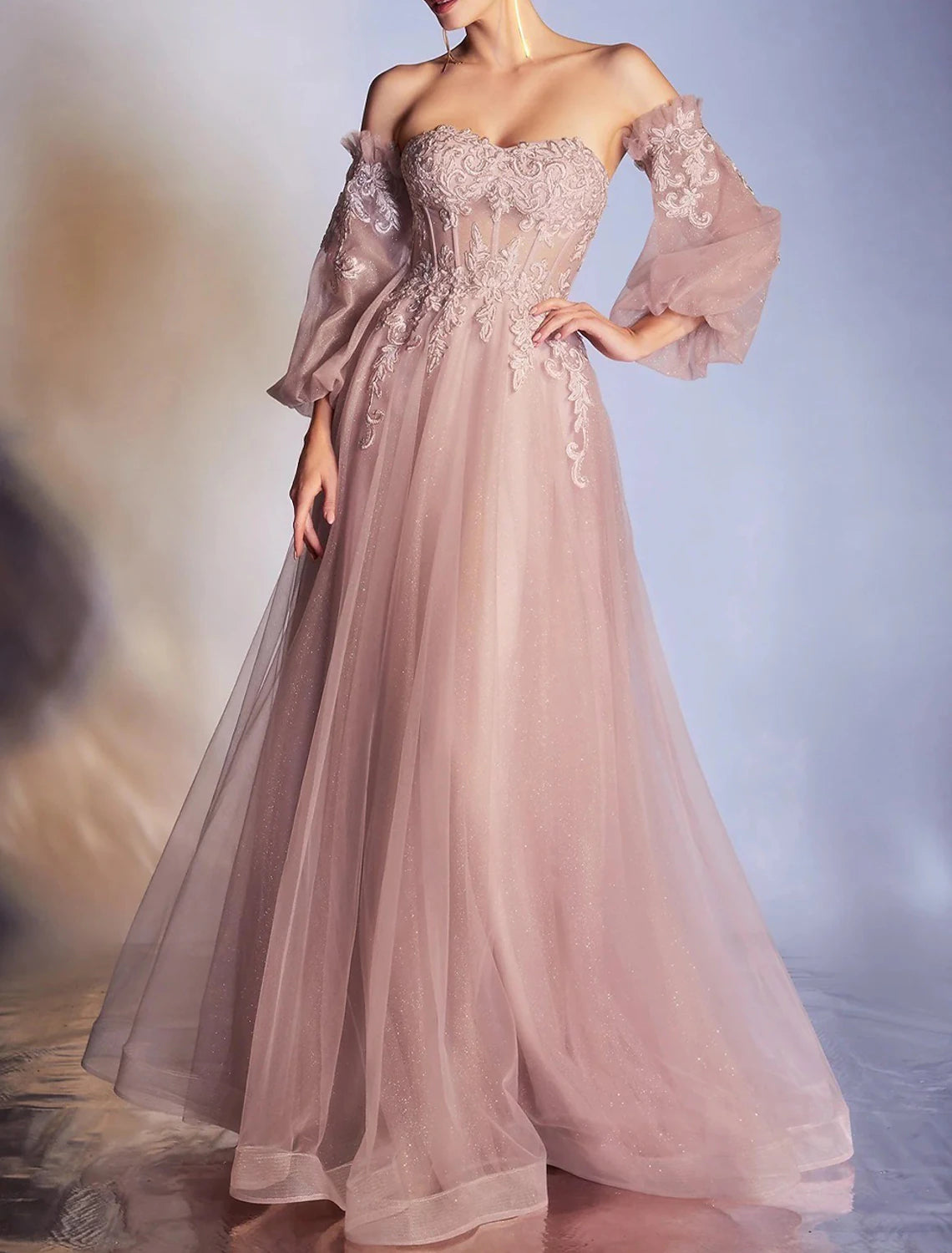 Closeout A-Line Prom Dresses Elegant Dress Formal Prom Floor Length 3/4 Length Sleeve Off Shoulder Lace Backless with Appliques Closeout A-Line Prom Dresses Elegant Dress Formal Prom Floor Length 3/4 Length Sleeve Off Shoulder Lace Backless with Appliques