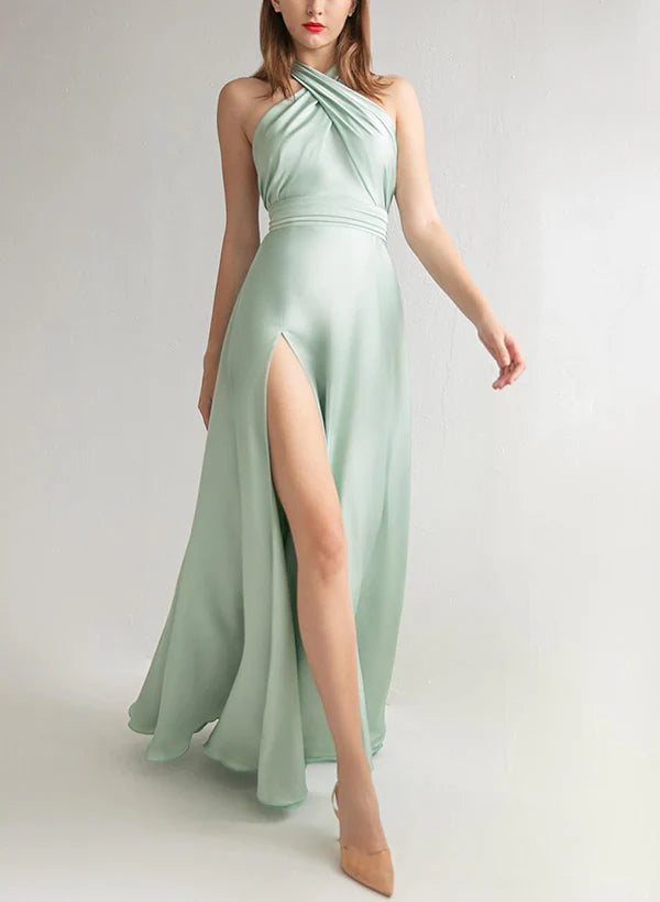 Savings Spectacular A-Line Halter Floor-Length Long Bridesmaid Dresses With Slit