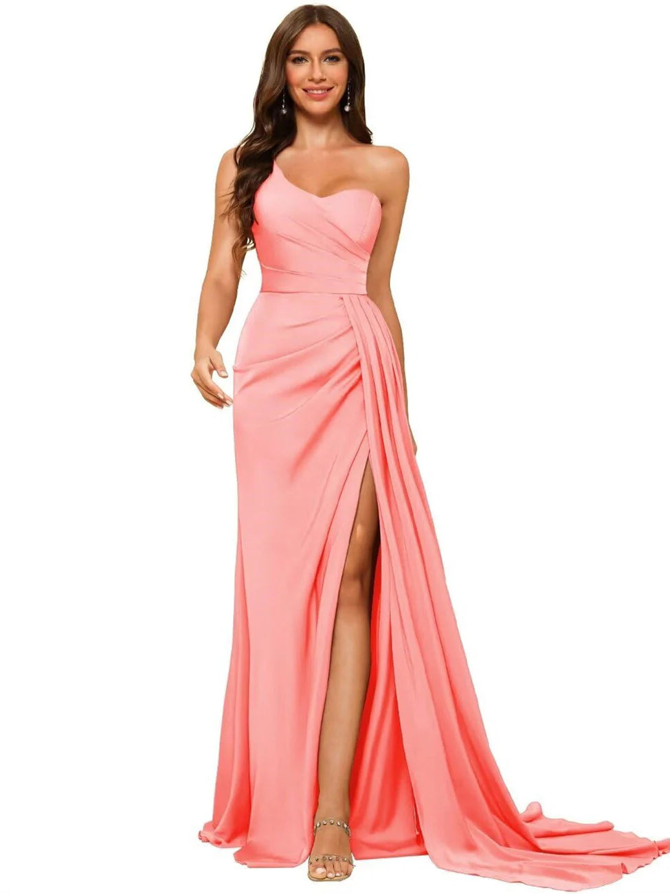 Huge Discounts A Line Satin One-shoulder Sleeveless Floor-Length Bridesmaid Dresses With Slit