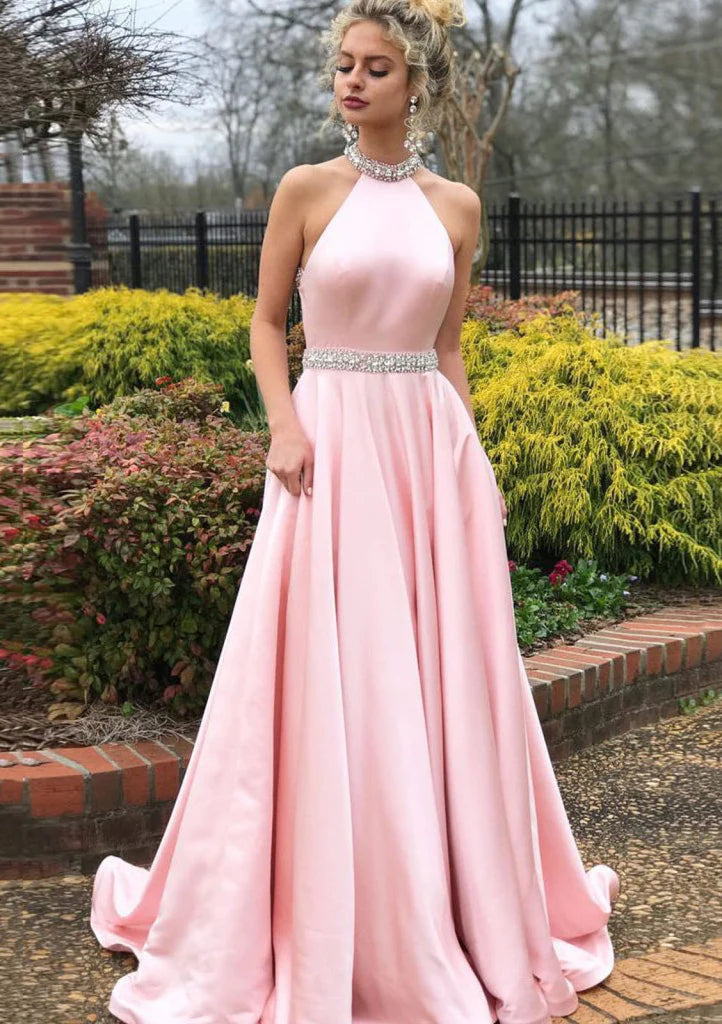 Super Bargain A-line/Princess Jewel Halter Sweep Train Satin Formal Prom Dress, Beaded