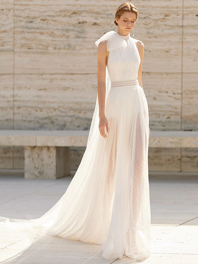 Discount Mania Boho Wedding Dresses Court Train Sheath  Column Sleeveless High Neck Chiffon With Pattern