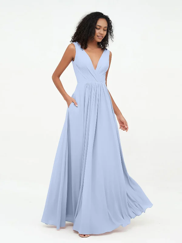 Mega Deal V-neck Chiffon Long Dresses with Pocktes-Sky Blue Bridesmaid Dresses