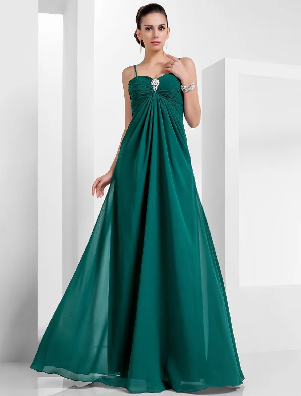 Final Clearance A-Line Empire Holiday Formal Evening Dress Spaghetti Strap Sleeveless Floor Length Chiffon with Crystals