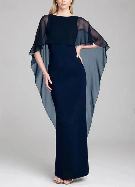 Final Clearance Sheath / Column Evening Gown Wedding Guest Floor Length Short Sleeve Jewel Neck Capes Stretch Chiffon with Shawl Final Clearance Sheath / Column Evening Gown Wedding Guest Floor Length Short Sleeve Jewel Neck Capes Stretch Chiffon with Shawl