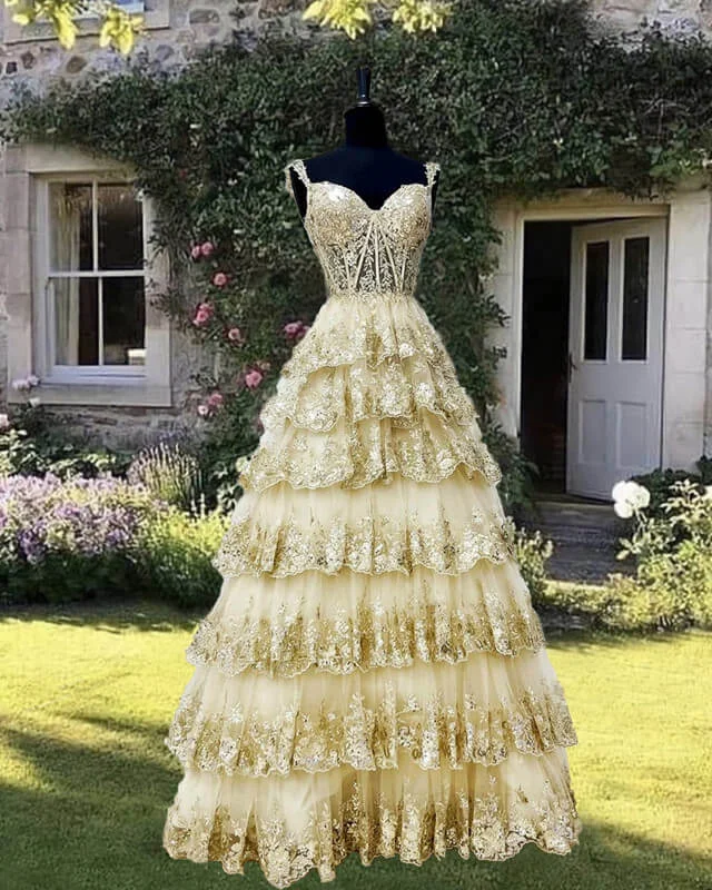 Sale Event A-Line Princess Light Gold Lace Ball Gown Dress Prom Dresses